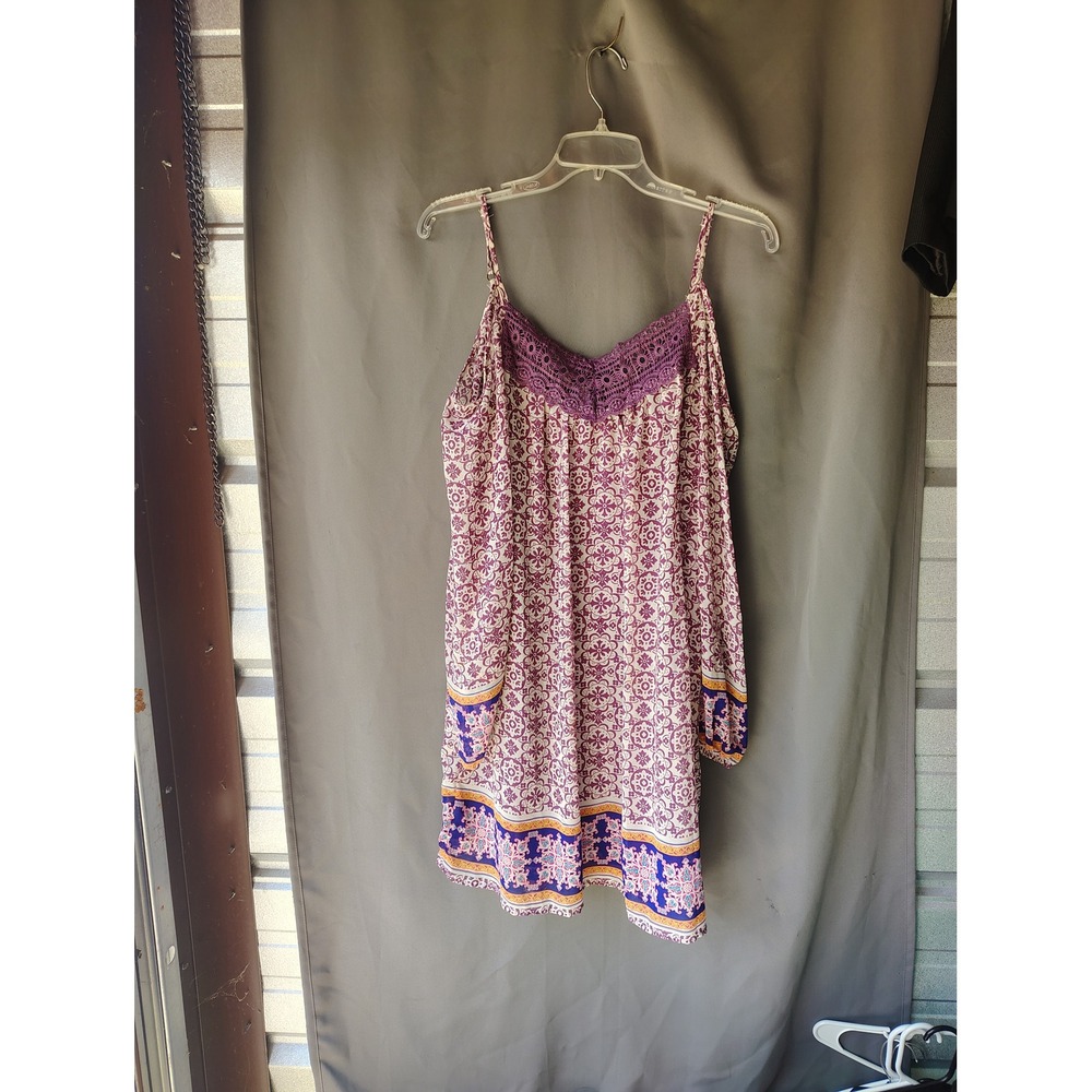 Xhilaration Purple Medallion Cold Shoulder Boho Mini Dress Crochet Trim Medium
